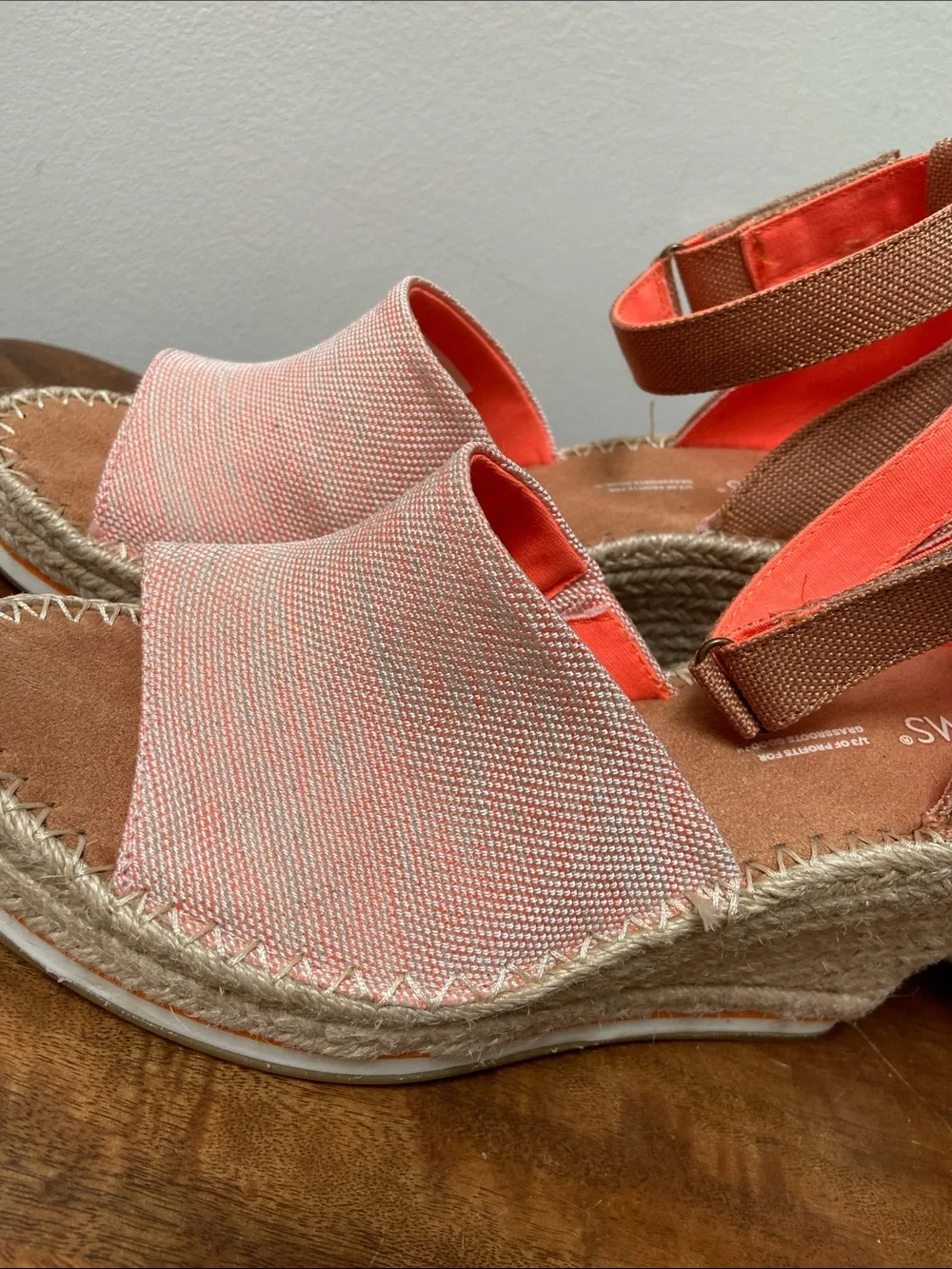 TOMS Pink Canvas Espadrille Wedge Sandals with Tan Ankle Strap